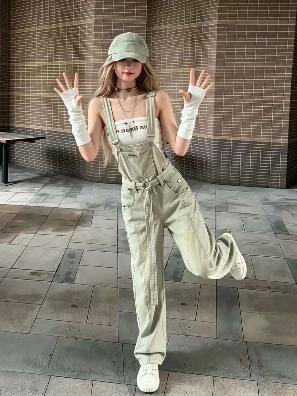 Light Sage Green Utility Overalls with Adjustable Straps